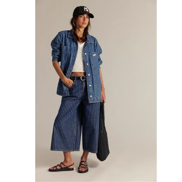 Free People Madison City Pinstripe Denim Jacket Indigo City Stripe Large NWT - Picture 6 of 13